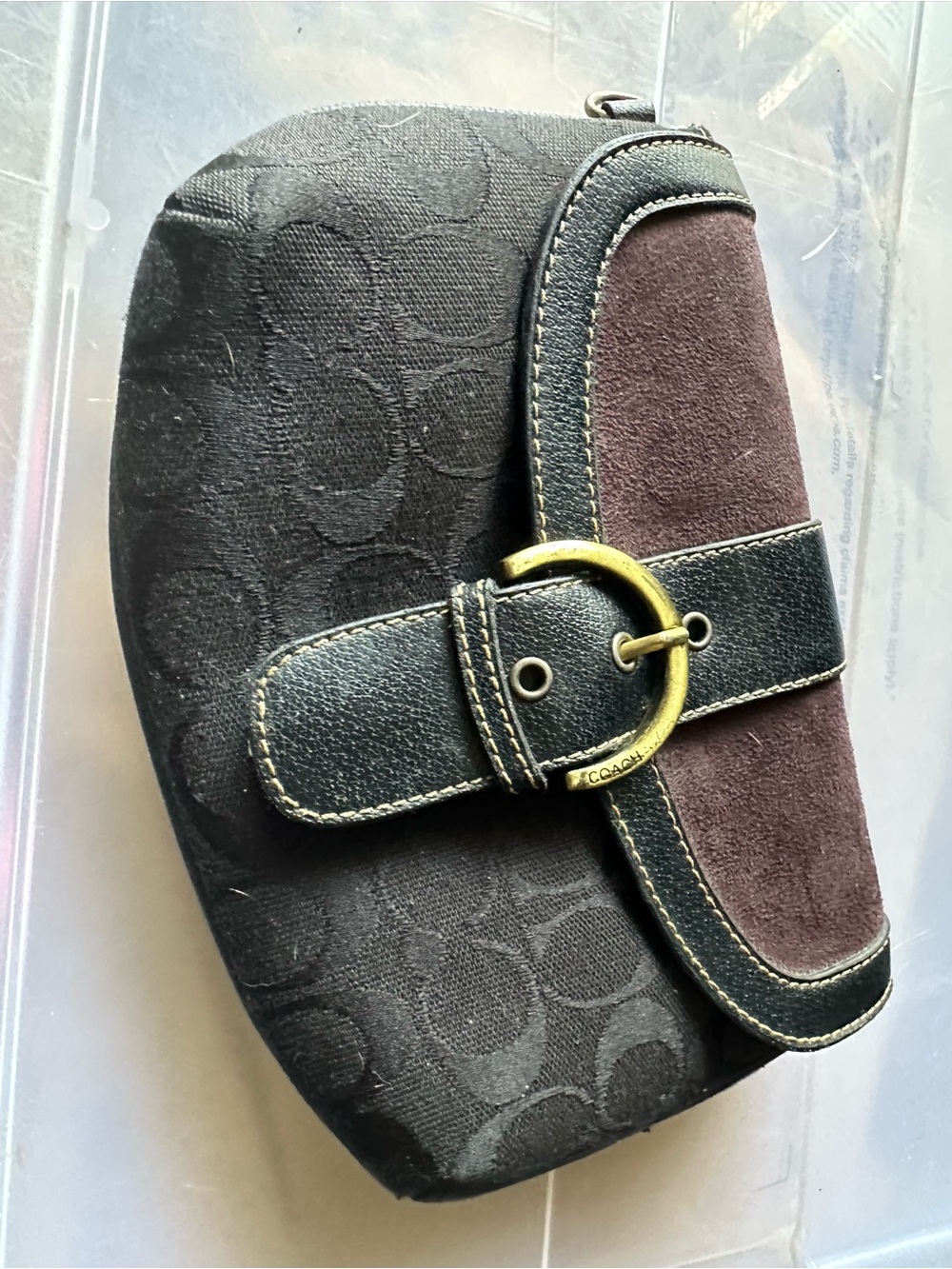 Coach Black Fabric and Brown Suede Accent Wristlet with Brass Buckle